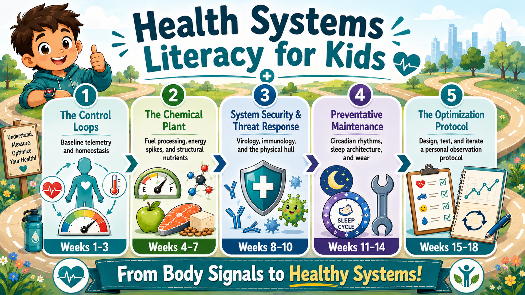Visual roadmap showing the Health Systems Literacy for Kids curriculum sequence